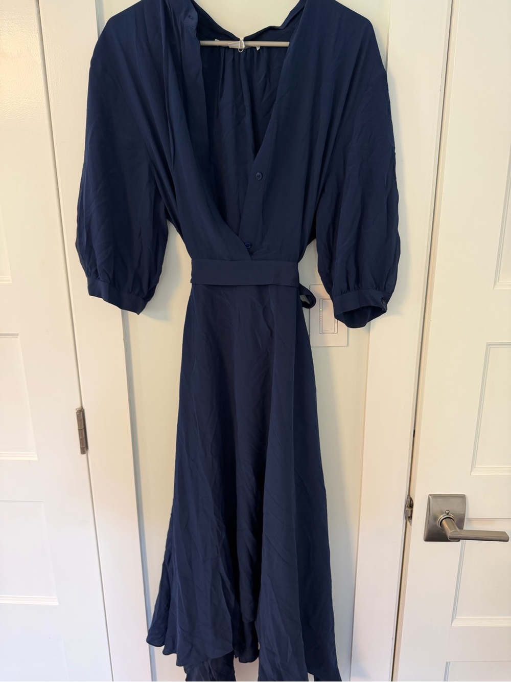 Stella McCartney Navy Wrap Midi Dress with Puff Sleeves